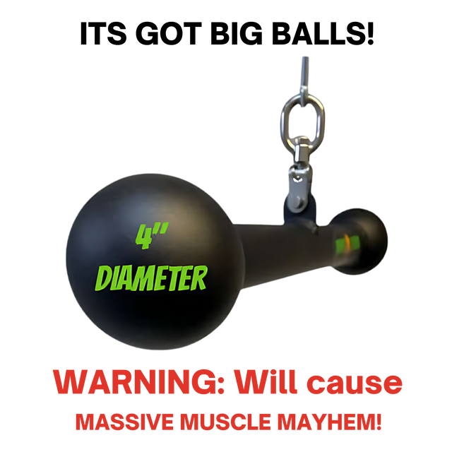 The HOG LEGS Hog Balls Upper Body Exercise Equipment Bar features "4'' DIAMETER" text; warning in red: "Will cause MASSIVE MUSCLE MAYHEM!" Engineered for serious muscle recruitment and powerful upper body training.