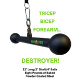 The HOG LEGS Hog Balls Upper Body Exercise Equipment Bar is a black handle with large round ends and bold green "Tricep Bicep Forearm... Destroyer!" text. Ideal for upper body workouts, it maximizes muscle recruitment and comes with a lifetime warranty.