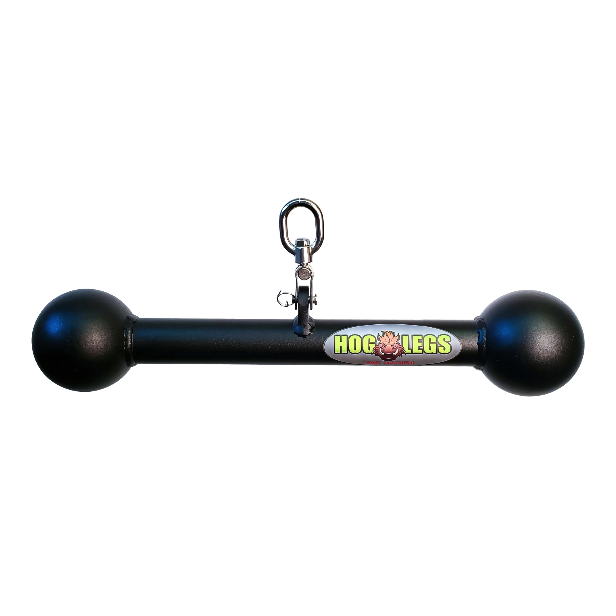 The HOG LEGS Hog Balls Upper Body Exercise Equipment Bar features a black metal design with round ends, a center hook, and a logo sticker—perfect for upper body workouts and optimized for maximum muscle recruitment.