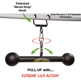 The HOG LEGS Hog Balls Upper Body Exercise Equipment Bar features the "Never Drop" hook, a rotating mechanism, and grip handles designed to maximize muscle recruitment for an extreme upper body workout.