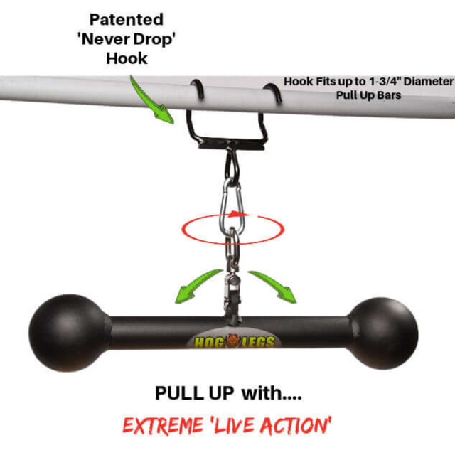 The HOG LEGS Hog Balls Upper Body Exercise Equipment Bar features the "Never Drop" hook, a rotating mechanism, and grip handles designed to maximize muscle recruitment for an extreme upper body workout.