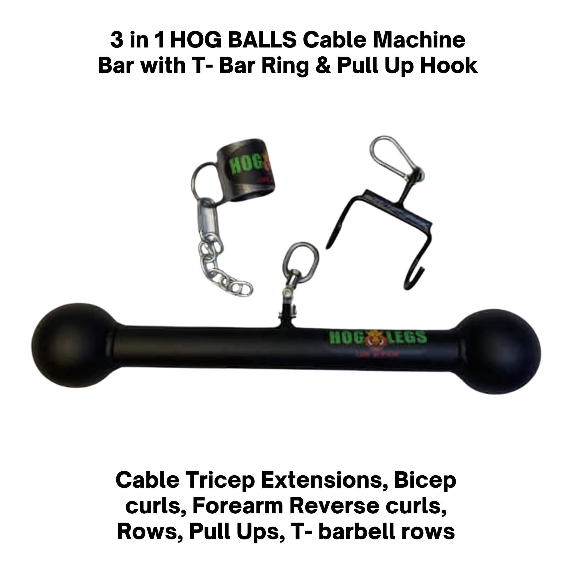 The HOG LEGS Hog Balls Upper Body Exercise Equipment Bar features a black metal bar with rounded ends, chain cuff, and bracket—ideal for muscle activation and upper body workouts.