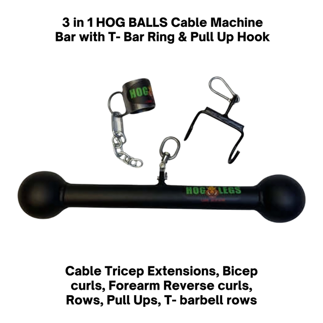 The HOG LEGS Hog Balls Upper Body Exercise Equipment Bar features a black metal bar with rounded ends, chain cuff, and bracket—ideal for muscle activation and upper body workouts.
