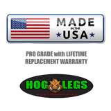 Made in the USA, the HOG LEGS Hog Balls Upper Body Exercise Equipment Bar offers commercial-grade support, pro-grade design, a Hog Legs logo at the bottom, and a lifetime replacement warranty.