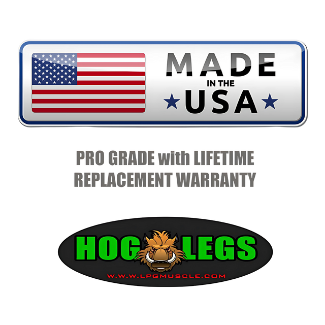 Made in the USA, the HOG LEGS Hog Balls Upper Body Exercise Equipment Bar offers commercial-grade support, pro-grade design, a Hog Legs logo at the bottom, and a lifetime replacement warranty.