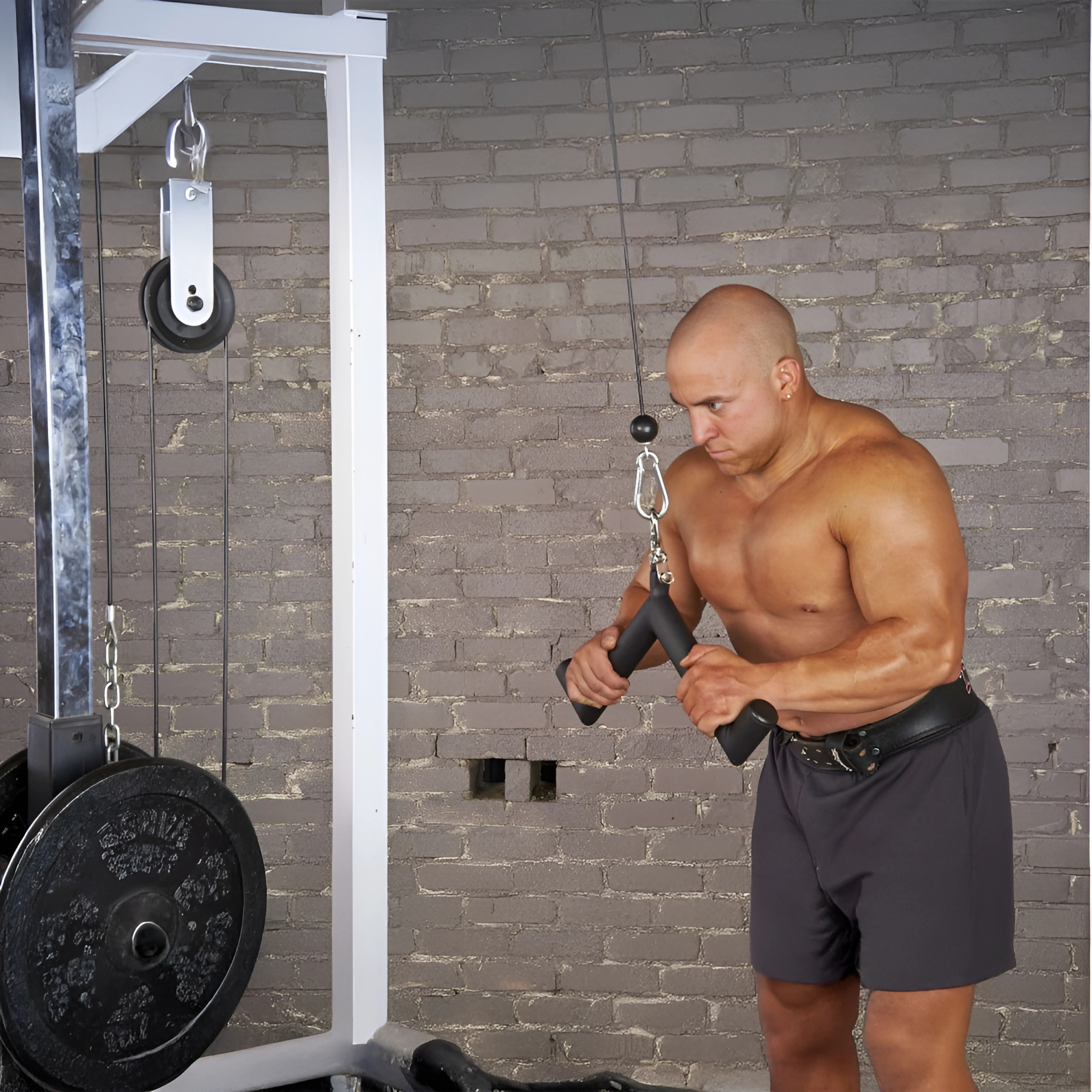 A muscular man uses HOG LEGS 'Hog Wild' Workout Cable Attachments gone Fat! for a cable triceps pushdown in the gym, wearing shorts and a weightlifting belt to boost muscle stimulation.