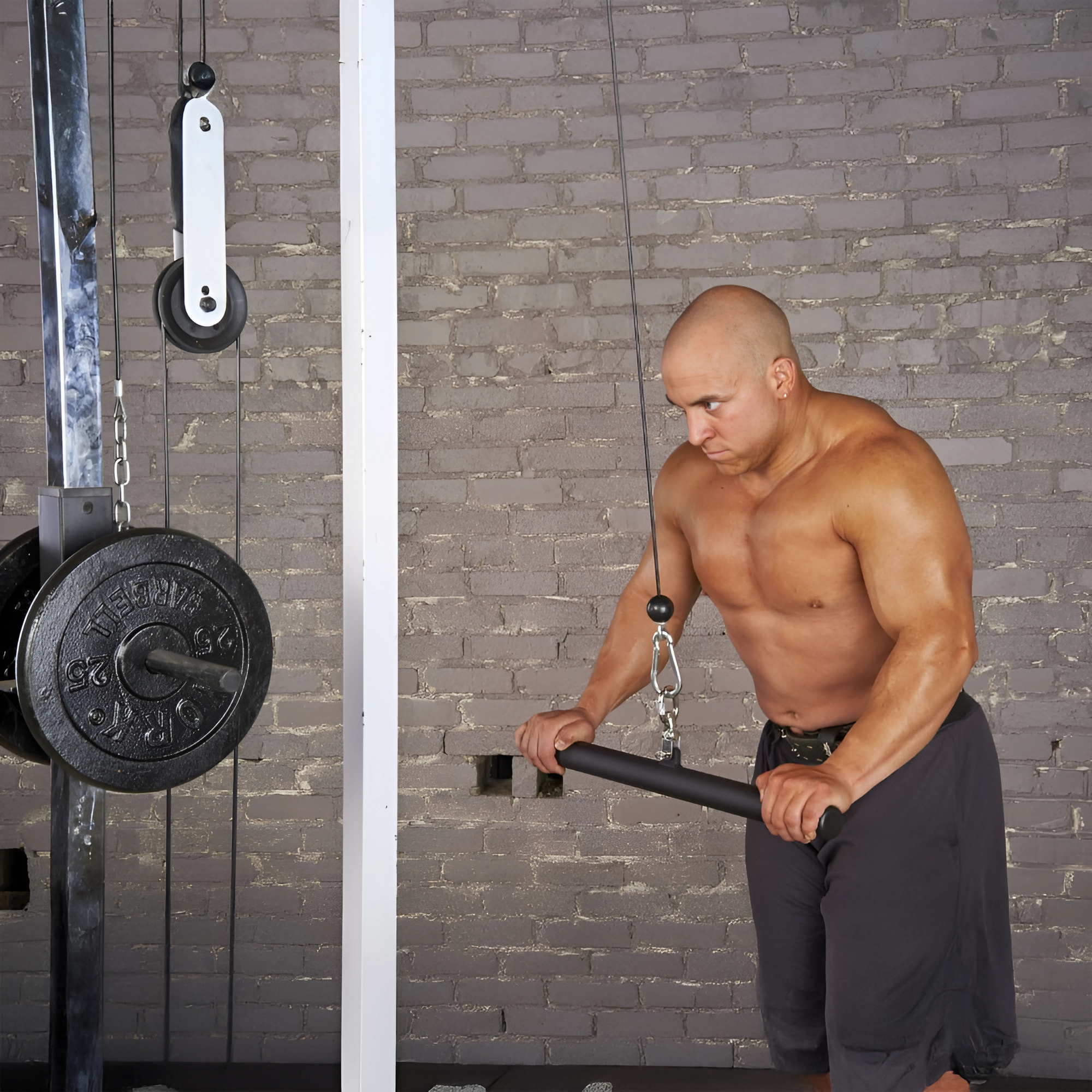 Shirtless man using gym equipment, performing a triceps pushdown with HOG LEGS 'Hog Wild' Workout Cable Attachments gone Fat! for enhanced muscle stimulation.