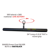 The HOG LEGS 'Hog Wild' Workout Cable Attachments gone Fat! feature a black cylindrical grip, 24" long, rotating 180° laterally and 360° rotationally for enhanced muscle stimulation. Swivel hook included—perfect for any gym.