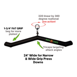 The HOG LEGS 'Hog Wild' Workout Cable Attachments gone Fat! gym bar with swivel hook features green and red text emphasizing muscle stimulation benefits and top-quality premium gym equipment.