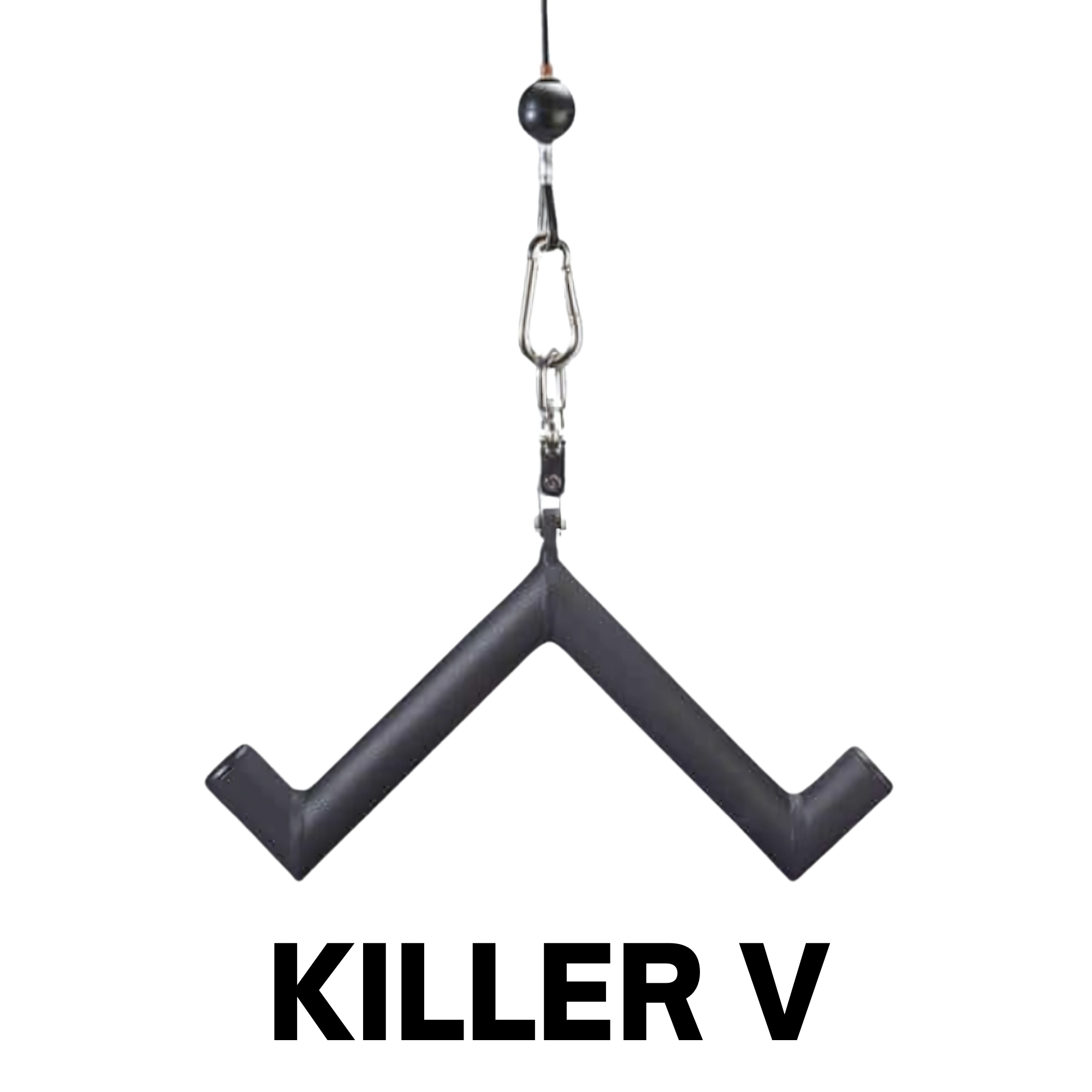 The HOG LEGS 'Hog Wild' Workout Cable Attachments Gone Fat! is a black V-shaped handle with a metal clip, designed for gym cable machines to boost muscle stimulation, making it premium equipment for intense workouts.