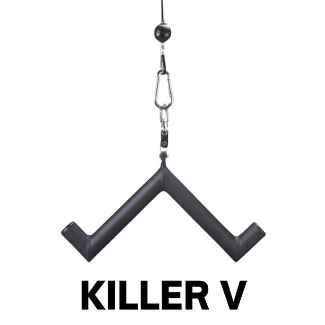 The HOG LEGS 'Hog Wild' Workout Cable Attachments Gone Fat! is a black V-shaped handle with a metal clip, designed for gym cable machines to boost muscle stimulation, making it premium equipment for intense workouts.
