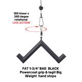 Black V-shaped hanging device with a swivel hook, labeled "LIVE ACTION" and featuring a red rotation arrow. Designed for HOG LEGS 'Hog Wild' Workout Cable Attachments gone Fat!—ideal for muscle stimulation and versatile gym setups.