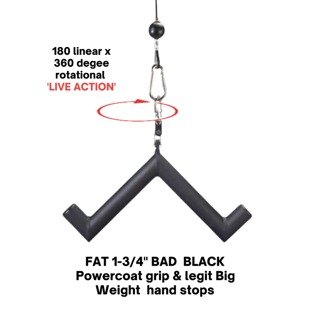 Black V-shaped hanging device with a swivel hook, labeled "LIVE ACTION" and featuring a red rotation arrow. Designed for HOG LEGS 'Hog Wild' Workout Cable Attachments gone Fat!—ideal for muscle stimulation and versatile gym setups.