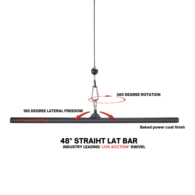 The HOG LEGS 'Hog Wild' Workout Cable Attachments gone Fat! is a black, cable-suspended bar with red accents and arrows for spin motion—perfect for intense workouts and enhanced muscle stimulation.