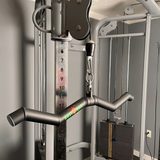 Close-up of a cable machine with a lat pulldown bar, featuring HOG LEGS 'Hog Wild' Workout Cable Attachments gone Fat! in a gym setting.