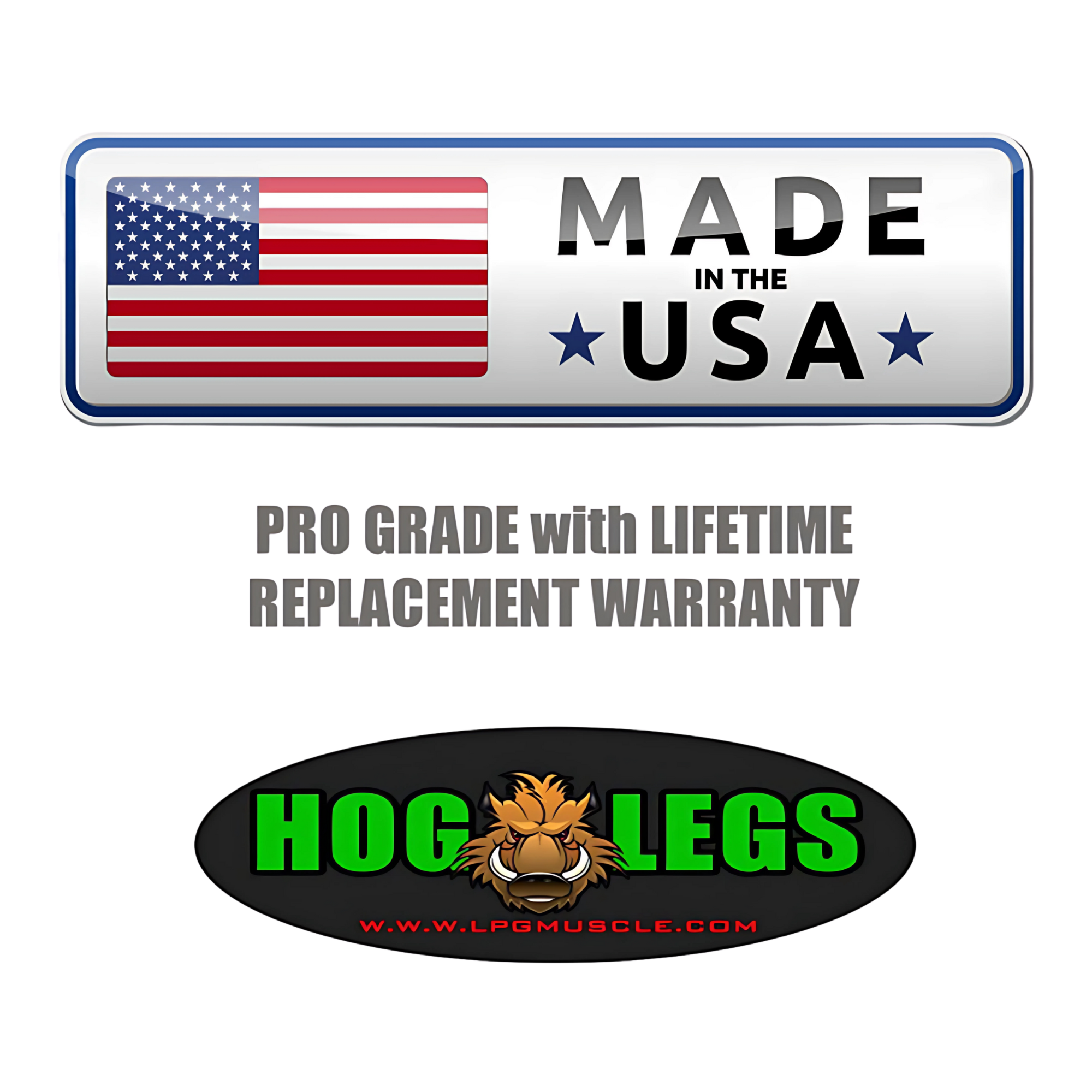 A "Made in the USA" sign, warranty text, and a boar-illustrated Hog Legs logo emphasize the quality of HOG LEGS 'Hog Wild' Workout Cable Attachments gone Fat—premium gym gear for effective muscle stimulation.