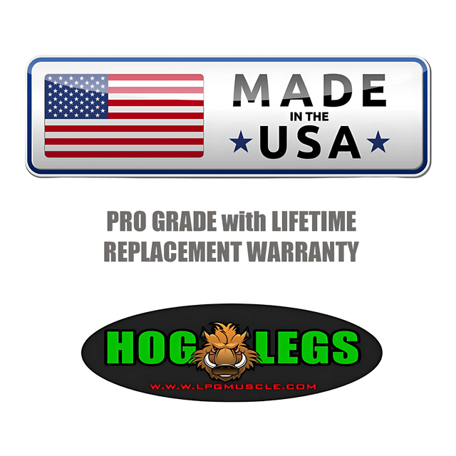 A "Made in the USA" sign, warranty text, and a boar-illustrated Hog Legs logo emphasize the quality of HOG LEGS 'Hog Wild' Workout Cable Attachments gone Fat—premium gym gear for effective muscle stimulation.