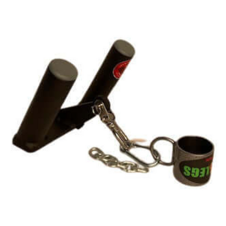HOG LEGS 'Multi-Row' Low Pulley Cable Row Handles Plus, perfect for T-BAR ROW workouts, feature black drumsticks mounted on a hinge with a chain and ring attached.
