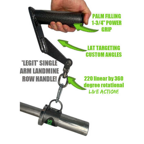 The HOG LEGS 'Jawbone' FAT Back Cable Workout Handles offer a single arm row handle with a grip and rotational capability, featuring a FAT Grip for enhanced lat exercises.