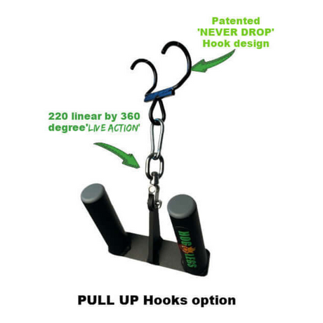 Patented pull-up hooks with a 360-degree swivel and "Never Drop" design, perfect for PULL-UPS, connected by a carabiner. Introducing the HOG LEGS 'Multi-Row' Low Pulley Cable Row Handles Plus!.