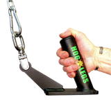 A hand holds the HOG LEGS Jawbone Single Fat Grip Cable Machine Handle, attached to a chain and bracket—ideal for boosting your lat-focused grip.