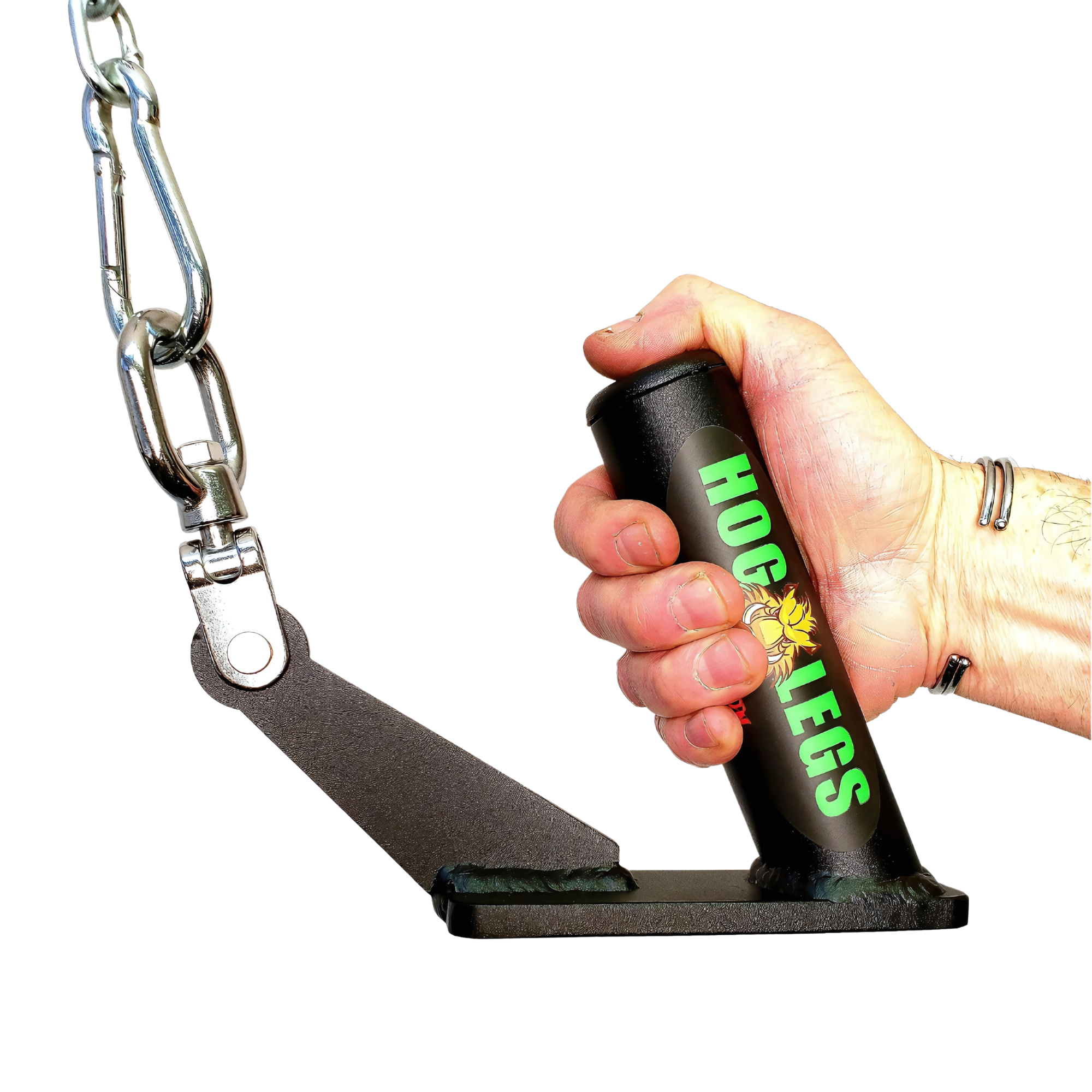 A hand holds the HOG LEGS Jawbone Single Fat Grip Cable Machine Handle, attached to a chain and bracket—ideal for boosting your lat-focused grip.