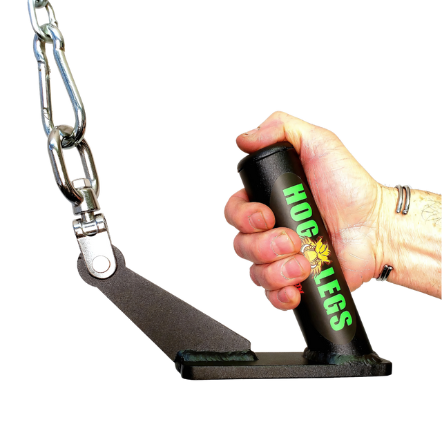 A hand holds the HOG LEGS Jawbone Single Fat Grip Cable Machine Handle, attached to a chain and bracket—ideal for boosting your lat-focused grip.