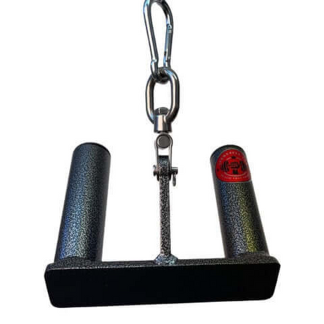 Close-up of the HOG LEGS 'Multi-Row' Low Pulley Cable Row Handles Plus! featuring two textured metal handles and a carabiner. Ideal for enhancing seated rows or T-bar row exercises on gym equipment.