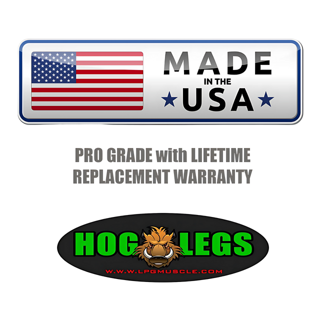 The HOG LEGS Jawbone Single Fat Grip Cable Machine Handle, made in the USA with pro grade construction, features a lifetime warranty and Hog Legs logo—ideal for intense training sessions.