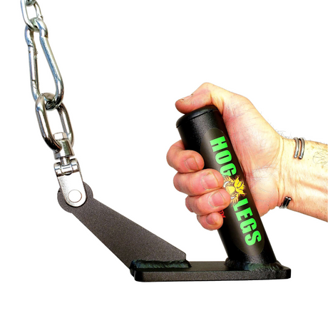 A "HOG LEGS 'Jawbone' FAT Back Cable Workout Handle" is gripped, featuring a FAT Grip Handle design, connected to a chain with a metal bracket.