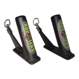 The HOG LEGS Jawbone pair of Fat Grip Gym Handles for Cable features black metal holders with attached rings and angled bases, ideal for enhancing your cable machine workouts.