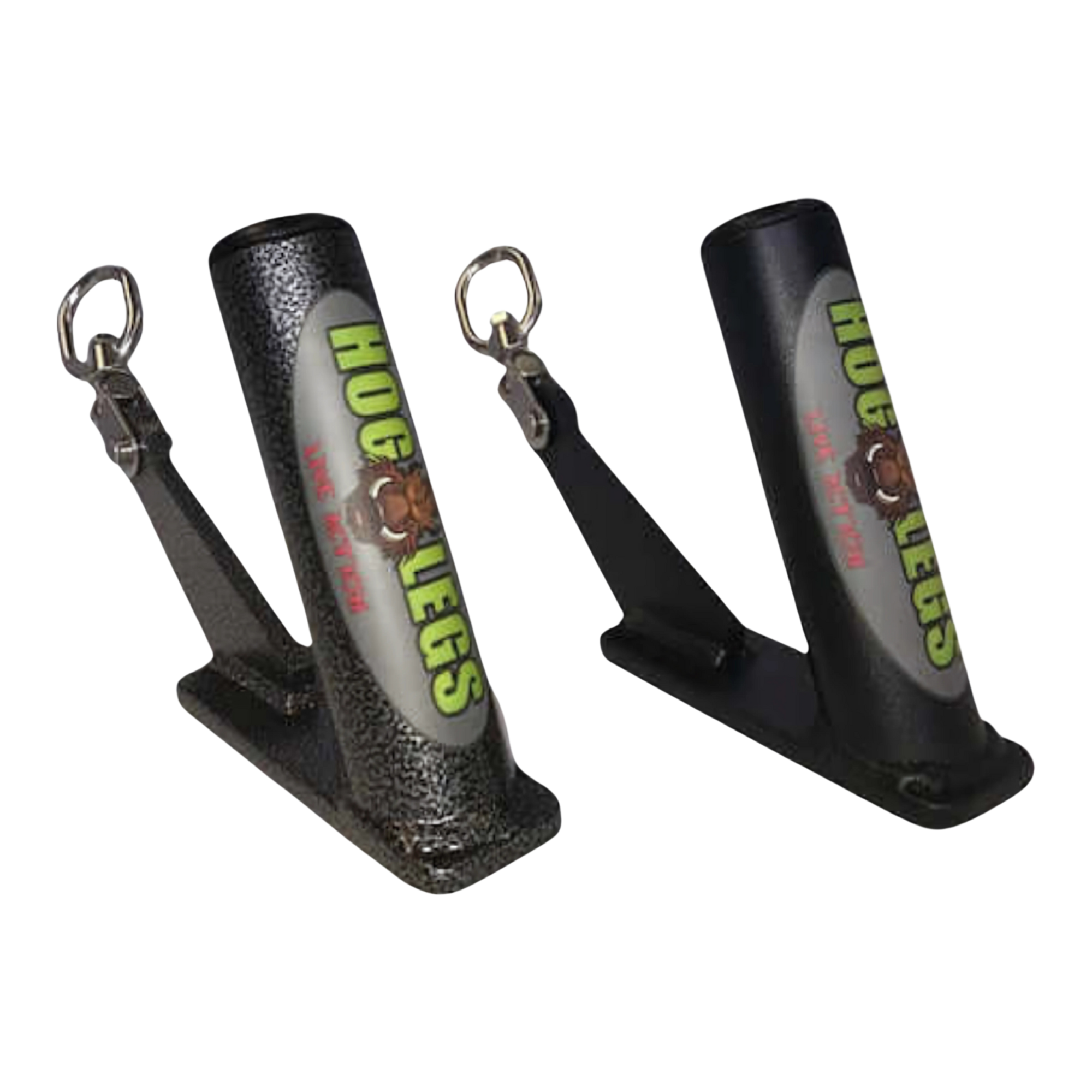 The HOG LEGS Jawbone pair of Fat Grip Gym Handles for Cable features black metal holders with attached rings and angled bases, ideal for enhancing your cable machine workouts.