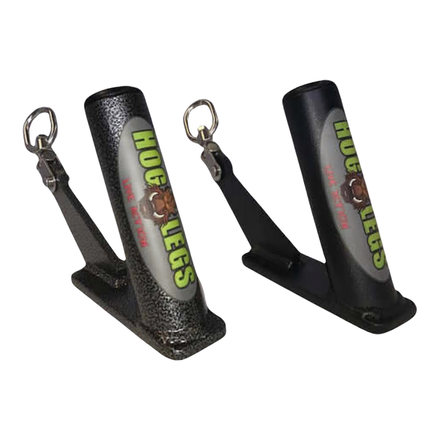 The HOG LEGS Jawbone pair of Fat Grip Gym Handles for Cable features black metal holders with attached rings and angled bases, ideal for enhancing your cable machine workouts.