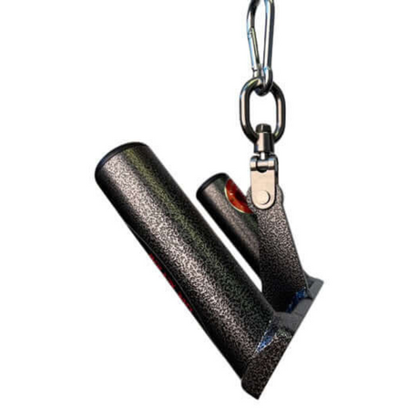The HOG LEGS 'Multi-Row' Low Pulley Cable Row Handles Plus, featuring a black metal attachment with cylindrical handles and a carabiner clip, is ideal for enhancing seated rows or T-bar row exercises on gym equipment.
