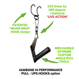 The HOG LEGS Jawbone Single Fat Grip Cable Machine Handle offers a patented ergonomic design with hooks and a comfort-focused fat grip for better control during workouts.