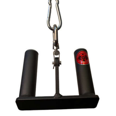 The HOG LEGS 'Multi-Row' Low Pulley Cable Row Handles Plus features a black metal grip with two handles, central hinge, and is suspended from a chain and connector, making it ideal for pull-ups.
