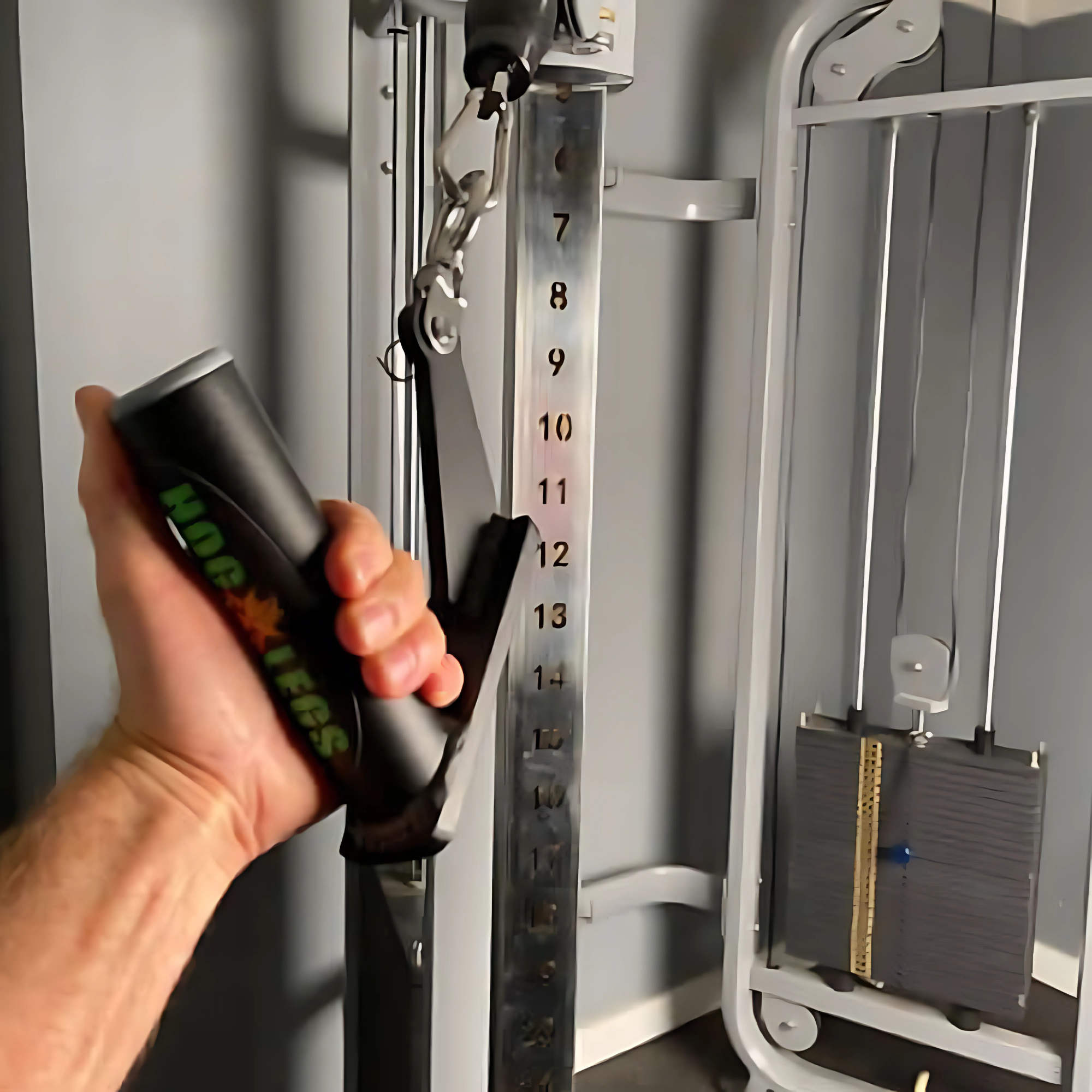 Gripping the HOG LEGS Jawbone Single Fat Grip Cable Machine Handle at the gym, with a numbered weight stack in the background—ideal for effective lat targeting.