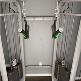 The HOG LEGS 'Jawbone' FAT Back Cable Workout Handles, featuring sturdy cable stirrups and a FAT grip handle, are ideal for a gym setting.