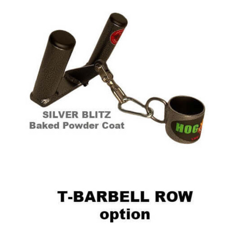 Enhance your seated rows with HOG LEGS 'Multi-Row' Low Pulley Cable Row Handles Plus! It has a silver T-bar row attachment, baked powder coat finish, ergonomic grips, and a convenient chain connector for an optimized workout experience.