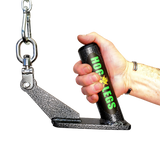 A hand grips a HOG LEGS Jawbone Single Fat Grip Cable Machine Handle, black, attached to a metal chain and bracket.