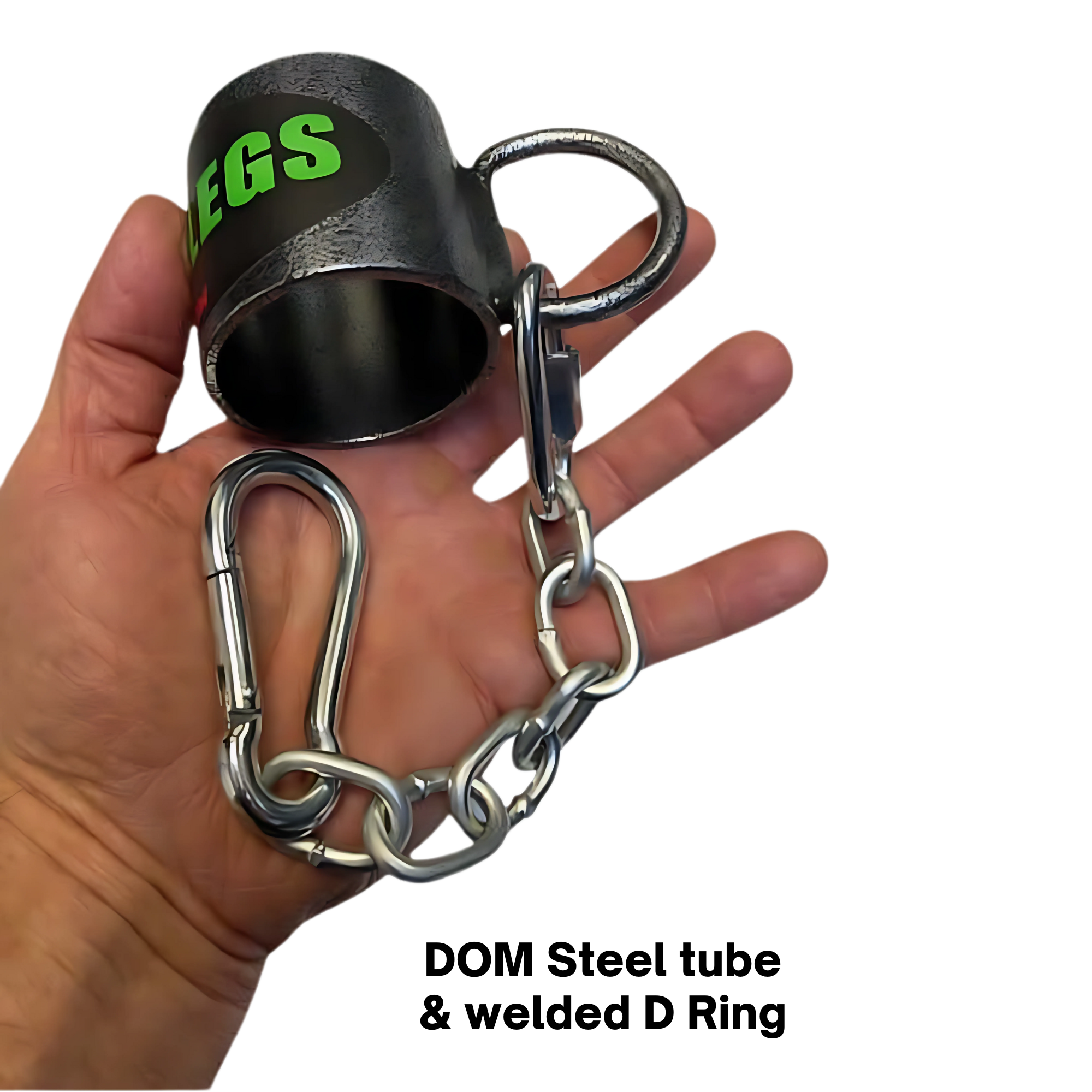 A hand grips the HOG LEGS Jawbone Single Fat Grip Cable Machine Handle, featuring a chain and carabiner—perfect for single arm cable row exercises.