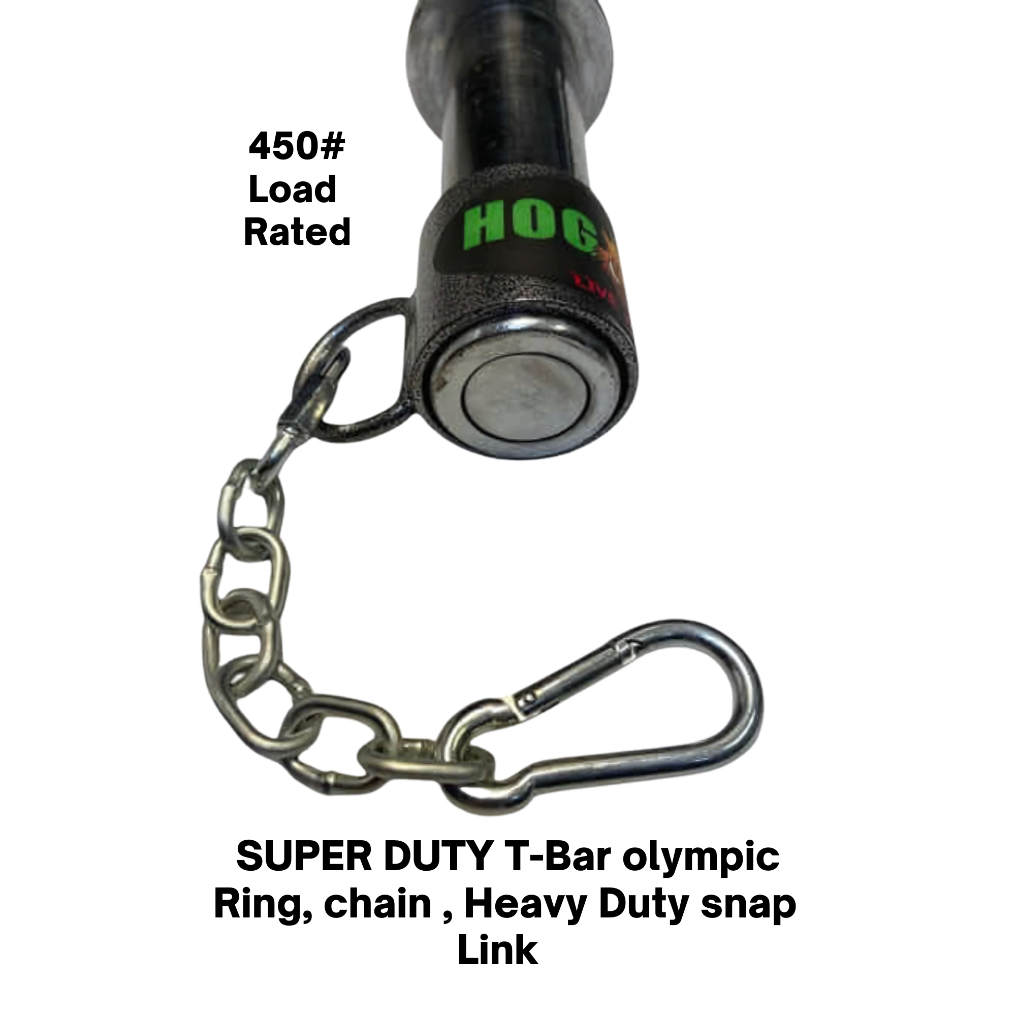 The HOG LEGS Landmine Olympic T-Bar Row Handles Attachment Ring features a metal bar with black grip, chain, and carabiner—perfect for gym equipment and ideal for landmine rows or use with Olympic Barbells.