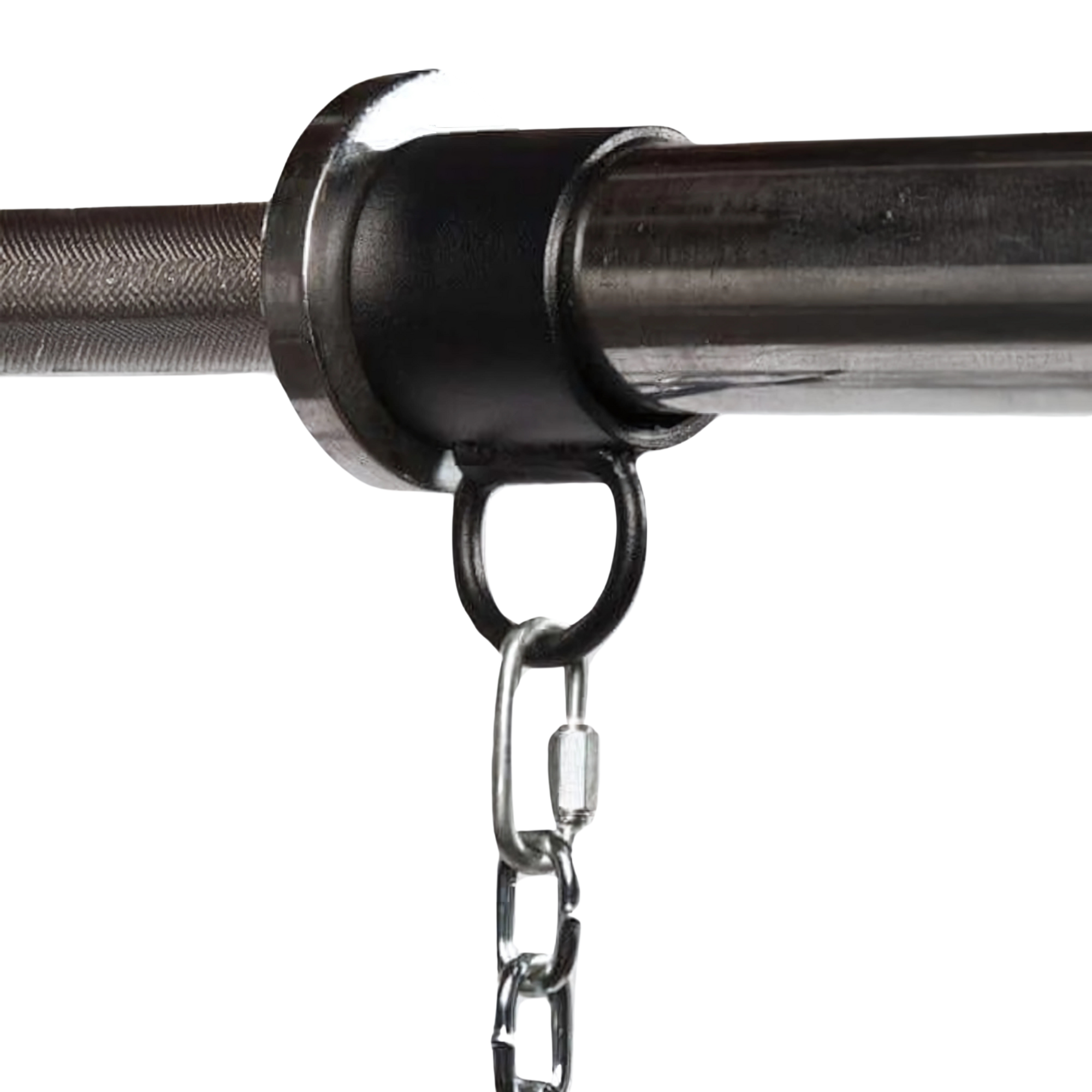 Close-up of the HOG LEGS Landmine Olympic T-Bar Row Handles Attachment Ring with a chain, ready for use with Olympic Barbells or landmine rows.