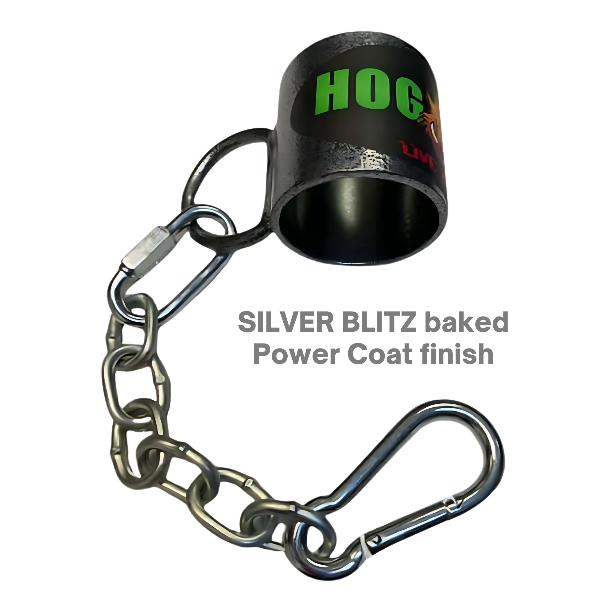Black metal HOG LEGS Landmine Olympic T-Bar Row Handles with attachment ring, chain, and carabiner; labeled "HOG" with durable SILVER BLITZ baked Power Coat finish—ideal for Olympic barbells and landmine rows.