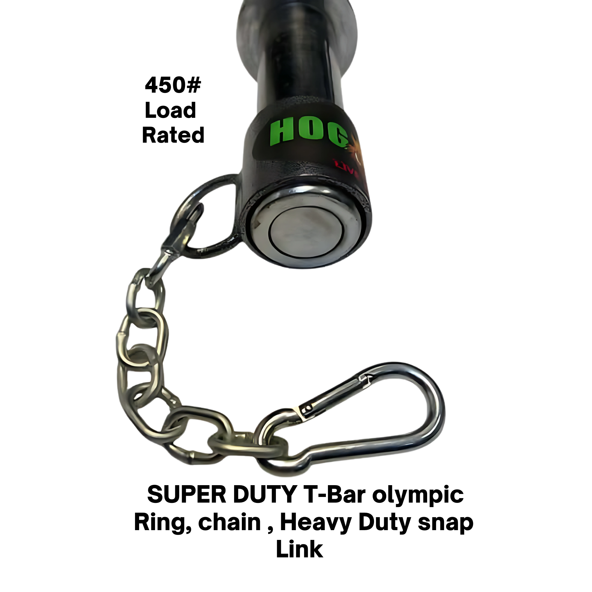 The HOG LEGS Landmine Olympic T-Bar Row Handles feature a metal handle with a chain and carabiner, green "HOG" label, and an attachment ring for compatibility with Olympic barbells.