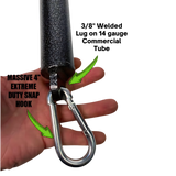 A hand holds a HOG LEGS Weight Load Pin, a large metal snap hook attached to a textured rod, used as a weight plate holder for strength training. Green arrows and bold label text are visible.