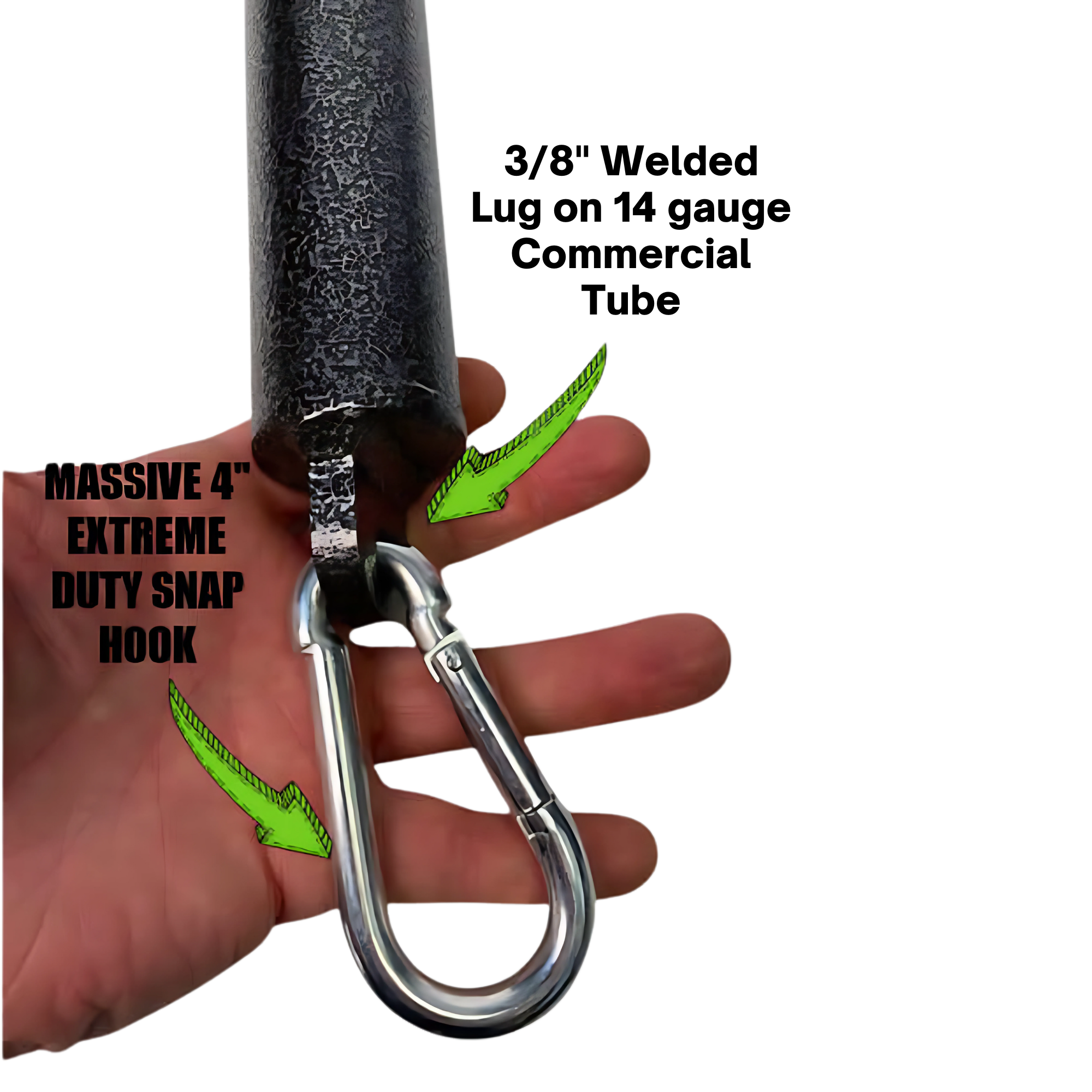 A hand holds a HOG LEGS Weight Load Pin, a large metal snap hook attached to a textured rod, used as a weight plate holder for strength training. Green arrows and bold label text are visible.