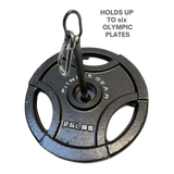 The HOG LEGS Weight Load Pins / Weight Plate Holders can hold up to six Olympic weight plates—shown here with a 25 lb plate secured on the sturdy metal pin.