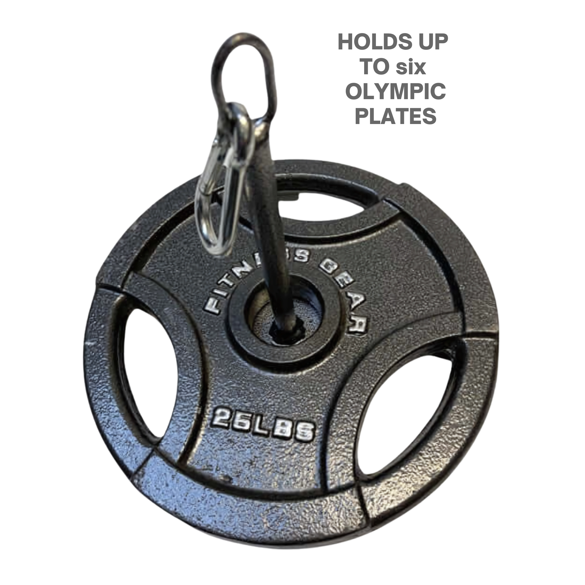 The HOG LEGS Weight Load Pins / Weight Plate Holders can hold up to six Olympic weight plates—shown here with a 25 lb plate secured on the sturdy metal pin.