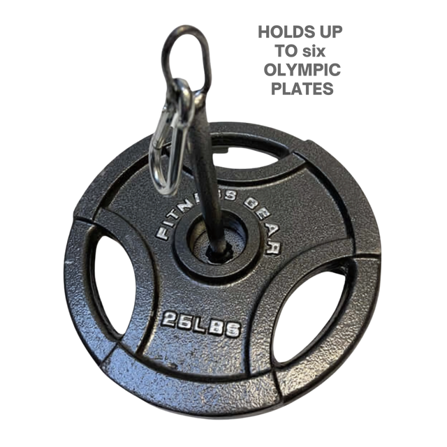 The HOG LEGS Weight Load Pins / Weight Plate Holders can hold up to six Olympic weight plates—shown here with a 25 lb plate secured on the sturdy metal pin.